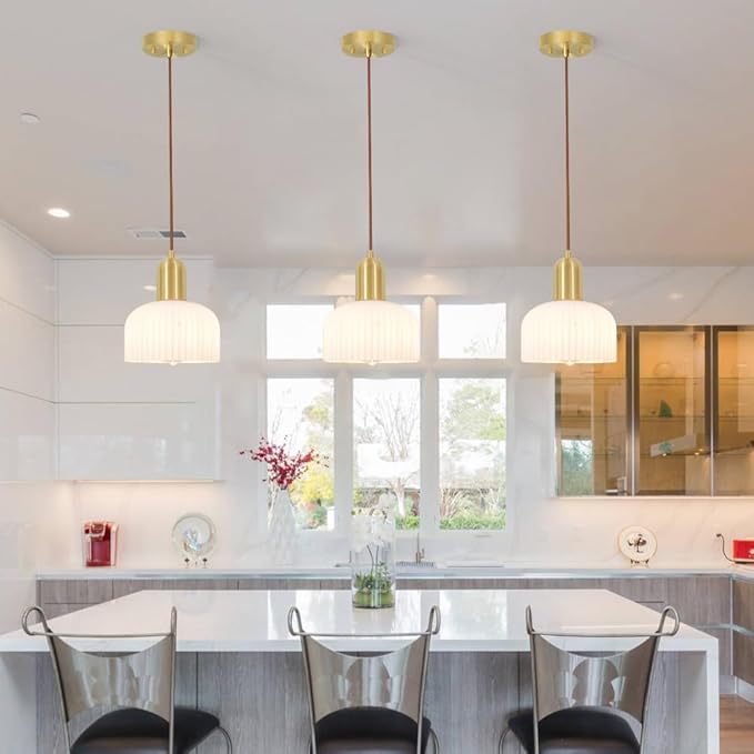 Vintage Pendant Light, Kitchen Island Lighting with Milky White Glass, Farmhouse Ribbed Glass Pendant Light Fixture, Minimalist Ceiling Lamp, Adjustable Hanging Light for Bedroom Dining Room Hallway