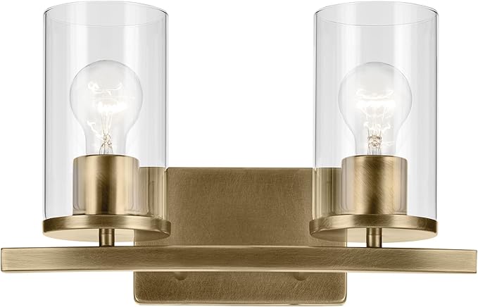 Kichler Crosby 15.25" 2-Light Bathroom Vanity Light Fixture with Clear Glass in Natural Brass for Powder Room, Modern Wall Mount Light (15.25" x 8.75"), 45496NBRCLR