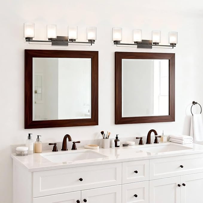 XiNBEi Lighting Wall Light 4 Light Bathroom Vanity Lighting with Dual Glass Shade in Dark Bronze Indoor Wall Mount Light XB-W1195-4-DB