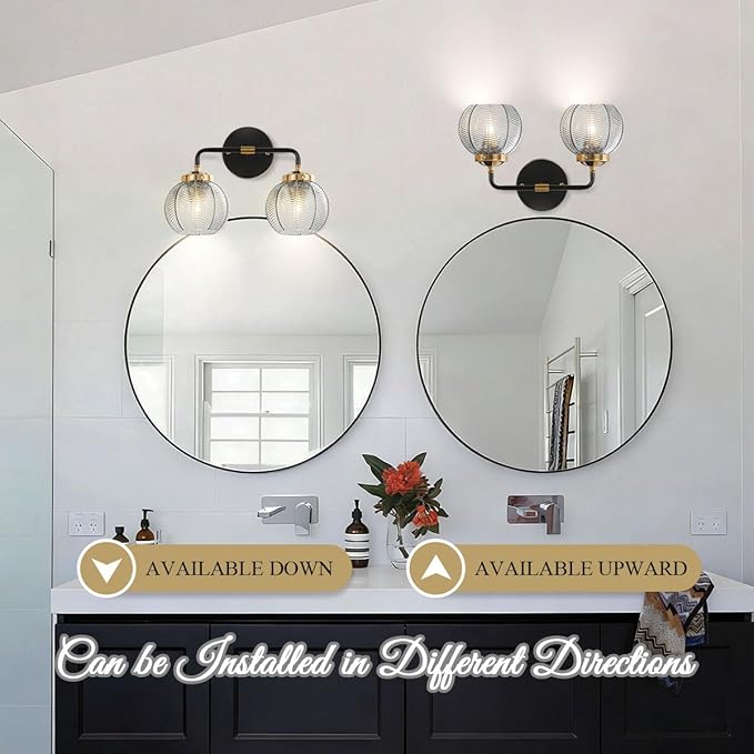 Vintage Bathroom Vanity Light Fixture Modern Wall Sconce Over Mirror with Ribbed Smoky Gray Globe Lamp Shade Mid Century Black Gold Vanity Lights Fixtures for Farmhouse Dining Room