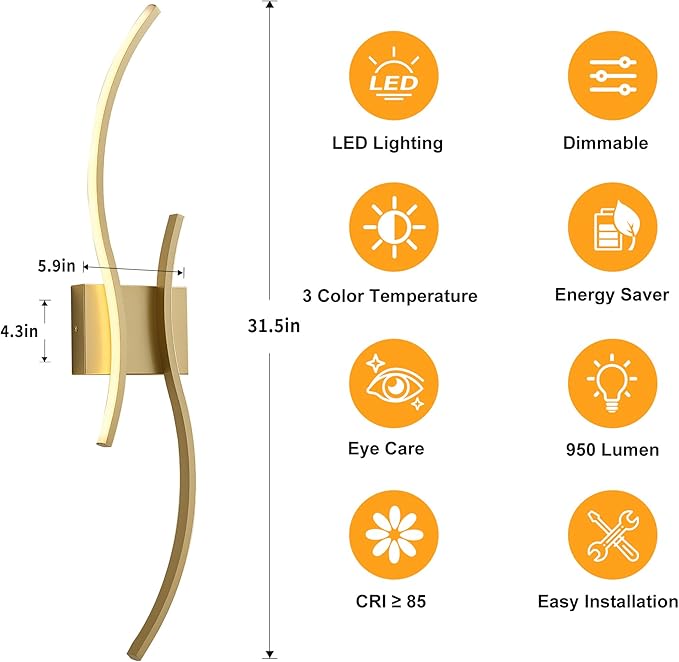 KARTOOSH 2 Pack Gold Light Fixture Hardwired Bathroom Vanity Lights Fixtures Over Mirror 31.5 Inch 3CCT Dimmable Modern Wall Lights for Mirror Kitchen Living Room Cabinet Porch Hallway