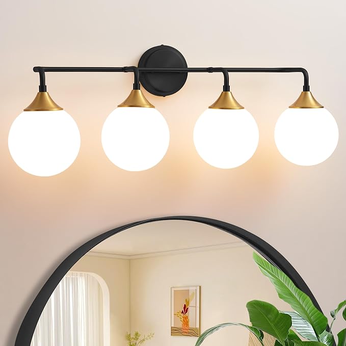 Bathroom Light Fixtures, 4-Light Black Gold Bathroom Vanity Lights Over Mirror, Modern Farmhouse Wall Sconce Lighting with Milk White Glass Ball Shades