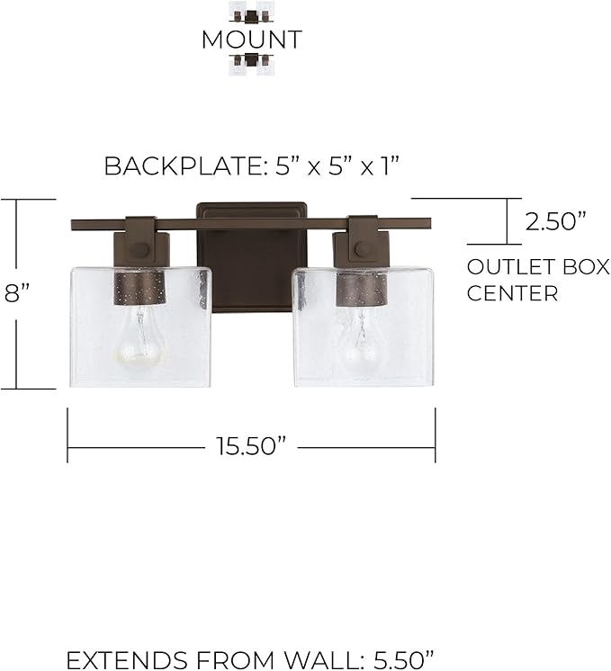 Capital Lighting 139124OR-498 Graham Unique Rectangular Clear Seeded Glass Bath Vanity Wall Mount, 2-Light 200 Total Watts, 8" H x 16" W, Oil Rubbed Bronze