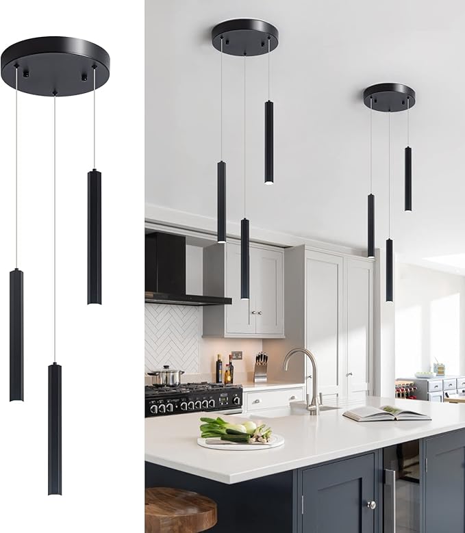 3-Light Modern Pendant Lights with Adjustable Height, Matte Black Finish Dimmable Hanging Light, 3000-6000K Pendant Lighting for Kitchen Island Dining Room (Black, 3-Light)