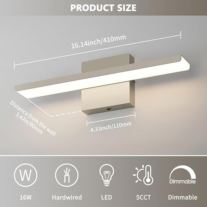 JUSHENG Brushed Nickel Modern LED Vanity Lights for Bathroom Light Fixtures, 16 Inch 16W 5CCT Dimmable Vanity Light Bar Bathroom Lighting, ETL Certificated