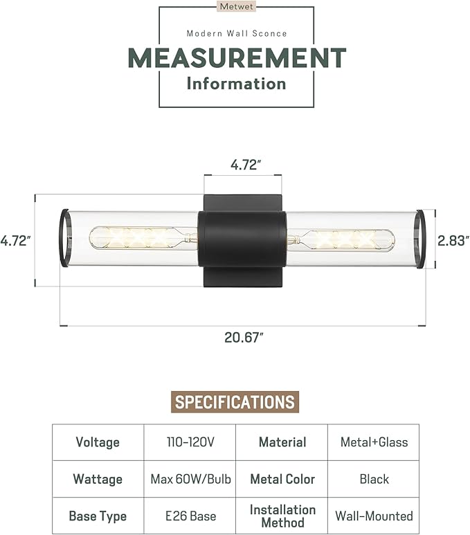 Black Vanity Light Set of 2, 2 Light Modern Bathroom Light Fixtures Over Mirror with Clear Glass Shade, Up and Down Indoor Wall Sconce for Bathroom Bedroom Hallway, VL834-MB-2PK