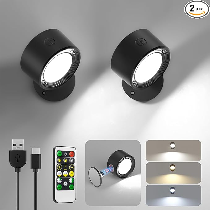Lightbiz LED Wall Mounted Lights 2 Pcs with Remote, Wall Sconces Lamp 3000mAh Rechargeable Battery Operated, 3 Color Temperatures & Dimmable Magnetic 360° Rotation Cordless Light for Bedroom Bedside