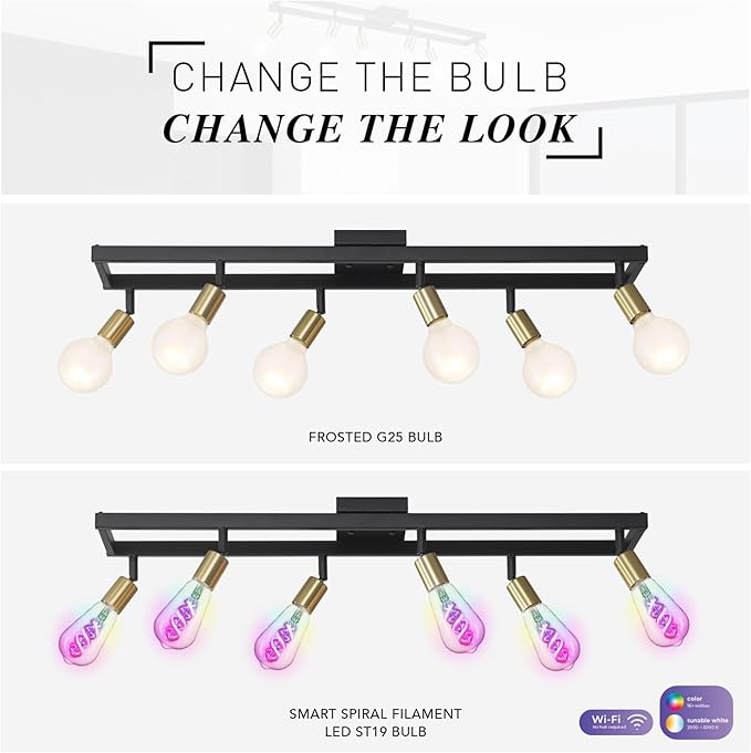GLOBE Electric 64000096 36" 6-Light Track Lighting, Matte Black, Brass Sockets, Adjustable Pivoting Heads, Ceiling Light Fixture for Kitchen Island, Hallway, or Dining Room, Modern Farmhouse Lights