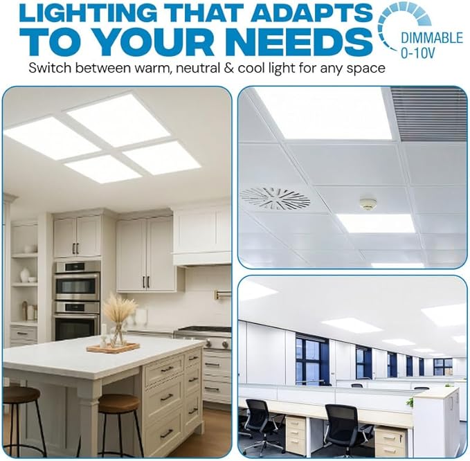 6 Pack 2x2 LED Flat Panel Light for Drop Ceiling, 5200lm Selectable 20W/25W/30W/35W/40W, Color Temperature 3000K/3500K/4000K/5000K/6500K, 0-10V Dimmable, 120-277V, ETL, DLC