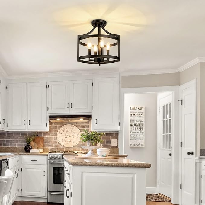 4-Light Farmhouse Chandelier, Modern Hanging Pendant Lighting, Convertible Semi Flush Mount Ceiling Light Fixture Rustic Vintage Black Chandeliers for Dining Room Kitchen Foyer Entryway