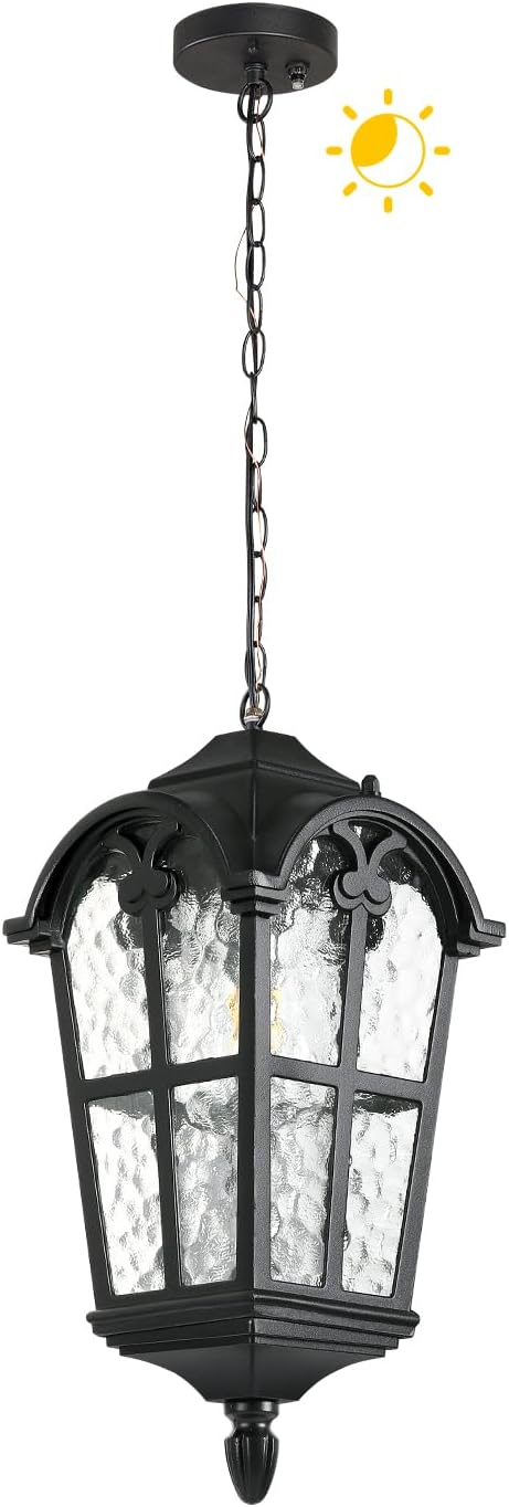 Dusk to Dawn Outdoor Pendant Lights for Porch Hallway Patio, Black Aluminium Exterior Hanging Light Fixture, Outside Waterproof Hanging Lantern Light, Height Adjustable Outdoor Pendant Lamp