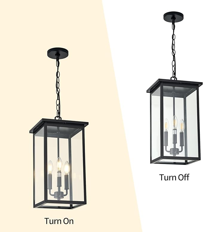 Large Outdoor Chandeliers, Black 3-Lights Outdoor Ceiling Hanging Lanterns with Clear Glass, Exterior Gazebo Light for Patio,Porch,Yard,Gara