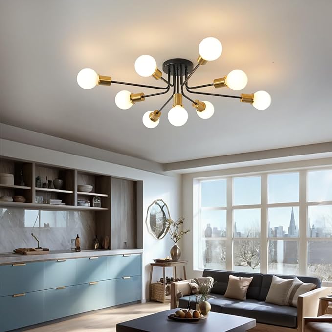 9-Lights Semi Flush Mount Ceiling Light Fixture Black and Gold,Modern Sputnik Semi Flush Mount Chandelier for Office Kitchen Bedroom Dining Room Living Room