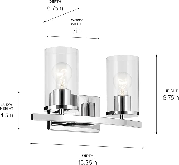 Kichler Crosby 15.25" 2-Light Bathroom Vanity Light Fixture with Clear Glass in Chrome for Modern Powder Room, Wall Mount Over Mirror (15.25" x 8.75"), 45496CHCLR