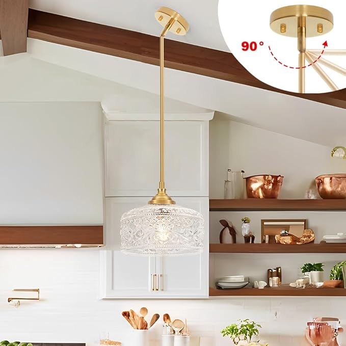 Gold Pendant Lights Kitchen Island, Vintage Bathroom Pendant Light With Clear Glass Shade, Adjustable Height Pendant Light - Dual Mount Ceiling & Hanging Fixtures With 90° Swivel For Home, E26 Bulb