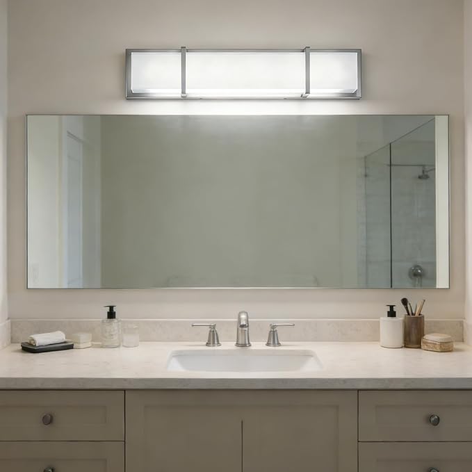 Bathroom Light Fixtures, Vanity Lights 27In Cool White Bathroom Lighting Fixtures Over Mirror 28W 6000k Dimmable Modern Brushed Nickel Vanity Light for WC, Toilet, Kitchen, Cabinet, Wall