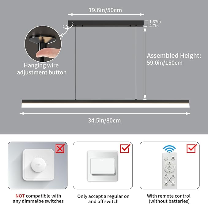 Modern LED Linear Pendant Light, 31IN Ceiling Chandlier Light Fixtures Hanging with Remote Control 3000k-6500K Adjustable Color Temperature Island Light for Dining Room, Kitchen