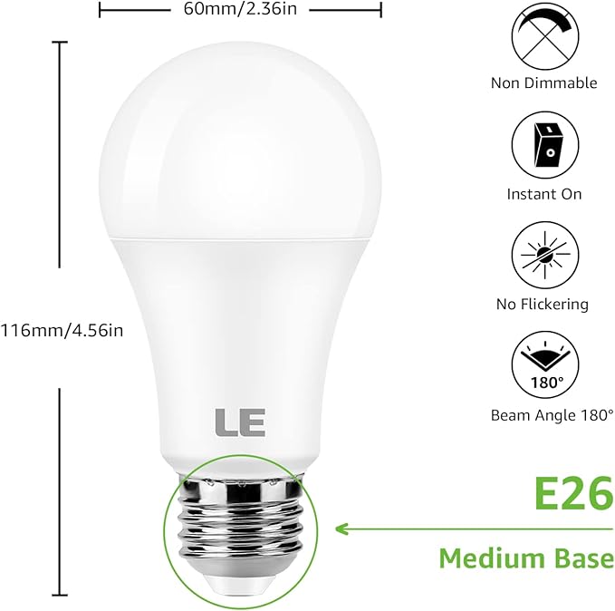 LE 100W Equivalent LED Light Bulbs, 14W 1500 Lumens Daylight White 5000K Non-Dimmable, A19 E26 Standard Base, 10000 Hour Lifetime, Pack of 6
