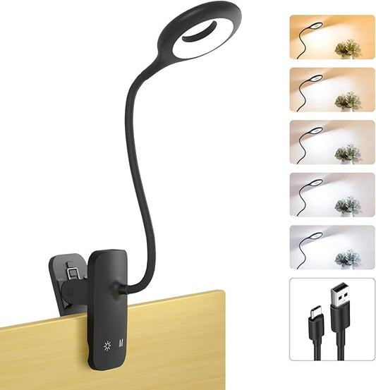 Clip on Light Rechargeable with Large Clamp, Battery Operated Bed Headboard Reading Lamp - 5 Colors 5 Brightness, Flexible Arm Book Light at Night for Kids Desk Bunk Metal Bed Frame (Black)