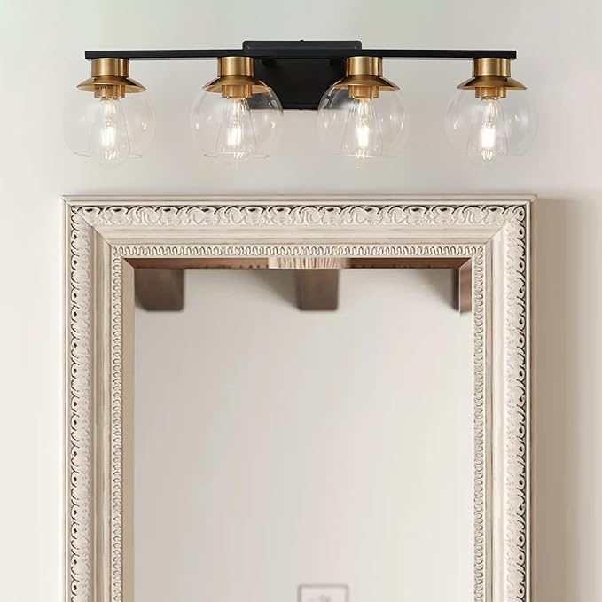 PAZALA Black Gold Bathroom Light Fixtures Over Mirror 4-Lights Vanity Light Wall Sconce with Globe Glass Shade, E26 Base, Perfect for Hallway Picture Wall Lighting Bathroom Bedroom Mirror Living Room