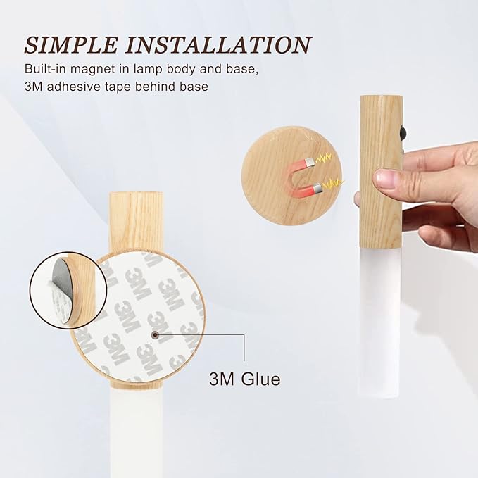 Motion Sensor Wall Sconces, Smart Portable Sensor Night Light Wood USB Rechargeable Magnetic Night Light (White Ash Wood 2PCS)