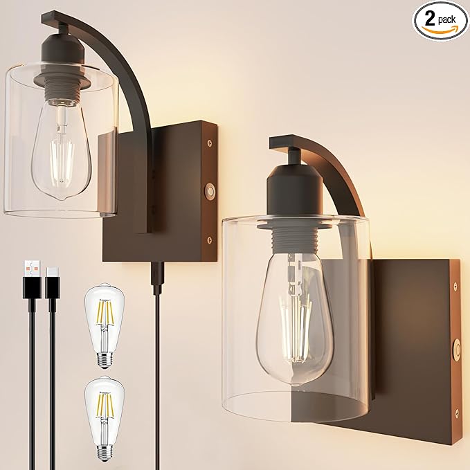LGMCF Battery Operated Bathroom Sconces Set of 2 Non-Hardwired Modern Magnetic Rechargeable Wall Sconces Matte Black Wall Lighting Fixtures with Clear Glass Shade for Bathroom Bedroom and Living Room