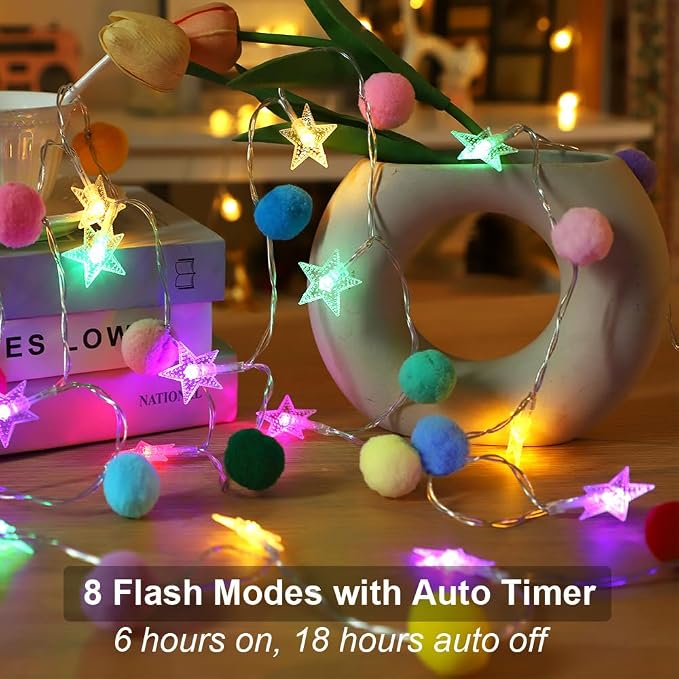 9.85FT String Lights for Kids Room with 20 Cute PomPoms 20 Colorful Star LED Indoor String Lights Battery Operated with Timer for Girls Bedroom Birthday Party Kids Playhouse Wedding Party Decoration