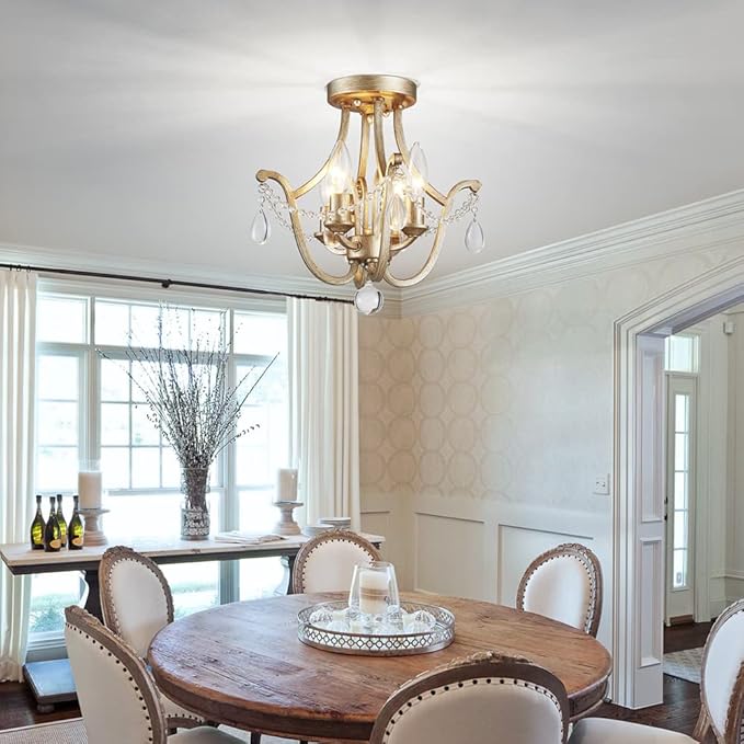 AGV LIGHTING Crystal Ceiling Light Fixture, Semi Flush Mount Ceiling Light, E12 Base 4-Lights, D12 x H12, Clear Crystal & Dressed Gold Finish Metal Frame