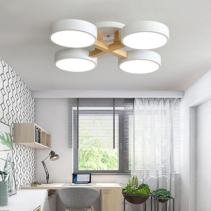 LED Ceiling Light Fixture,24 Inch 4-Lights Modern Ceiling Lights Flush Mount Wooden 44W Chandelier for Living Room Bedroom Kitchen,Dimmable 3000K/4000K/6000K Temperatures Selectable, White