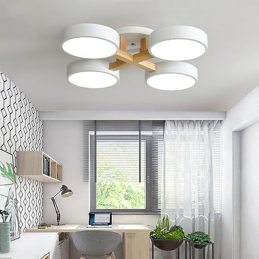 LED Ceiling Light Fixture,24 Inch 4-Lights Modern Ceiling Lights Flush Mount Wooden 44W Chandelier for Living Room Bedroom Kitchen,Dimmable 3000K/4000K/6000K Temperatures Selectable, White