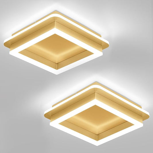 CANEOE 2 Packs Square Modern LED Light Fixture, 24W Black Flush Mount Hallway Light, Small Close to Ceiling Lamp for Living Room, Bedroom, Kitchen, Balcony, Cloakroom (All Gold, 2 Packs)