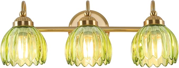 Vintage Bathroom Light Fixtures, Brass Vanity Lights with Green Tulip Glass Shade, Vanity Sconces for Bathroom Bedroom Living Room Hallway, 3-Light
