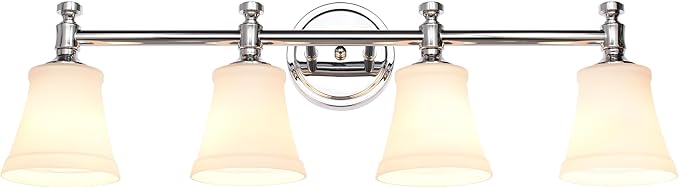Bathroom Vanity Light Fixtures, Traditional Chrome 4 Lights Wall Sconce Lighting with Opal Glass Shade, Porch Wall Mount Light Fixture for Bathroom, Mirror Cabinets Hallway Stairs
