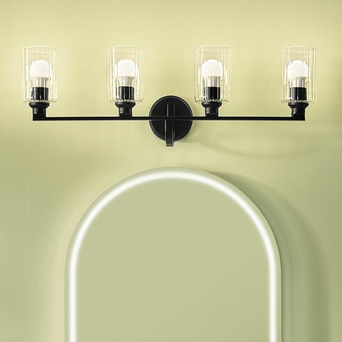 Kichler Gioe 4-Light Bathroom Vanity Light Fixture with Clear Fluted Glass in Black, Modern Wall Mount Over Mirror Lighting for Powder Room (32.25 x 10.5 x 6.75 in), 55227BKFLU
