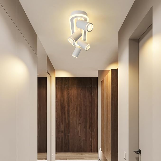 LED 4 Light Track Lighting Spotlight Kit, White Ceiling Spotlights, Modern Track Light Fixture with Flexibly Rotatable Light Heads, 50W+20W Dual Lighting for Kitchen Living Room,Includes 4 x GU10 Bulb