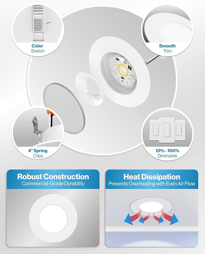 Sunco 12 Pack 4 Inch LED Flat Recessed Light, Retrofit Ceiling Can Lighting, 800 LM, Selectable CCT 2700K/3000K/4000K/5000K, Dimmable, 10W=60W, 50,000 Lifetime Hours UL