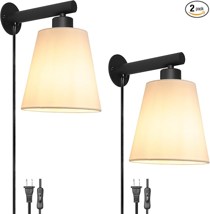 Plug in Wall Sconces Set of Two, Wall Lamp with Plug in Cord, Black Wall Sconce Light Plug in, Bedside Wall Mounted Light with Fabric Linen Shade, Plug in Wall Decor for Bedroom Living Room