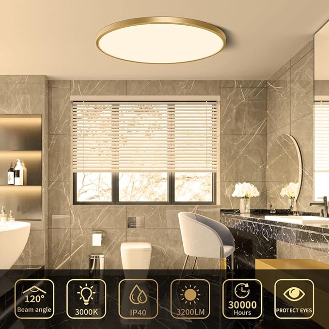 15.7Inch Gold Flush Mount Ceiling Light Fixture, 3000K Warm White, 32W 3800LM Bright LED Ceiling Light, Flat Round Light Fixtures Ceiling Mount for Bedrooms Living Rooms