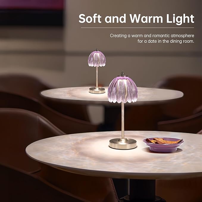 Shenmoyl Tulip Table Lamp with 5200mAh Battery & Touch Control, Cordless Small Table Lamp with 3 Colors, Dimmable Rechargeable Table Lamps for Living Room, Bedroom, Desk, Bedside (Clear Purple Tulip)