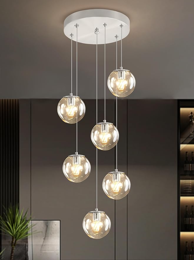 ykolupty Silver LED Staircase Chandelier 6-Light Clear Glass Ball Chandelier Dimmable Pendant Lights Large Chandeliers for High Ceilings, Entryway Modern Chandelier for Villas and Stairwell