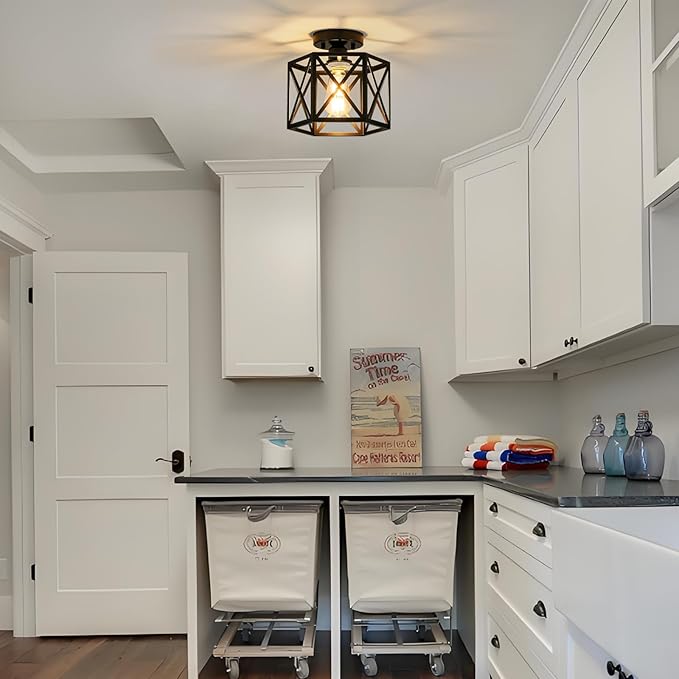 Modern Farmhouse Black Ceiling Light,Industrial Semi Flush Mount Ceiling Lighting Fixture,Hexagonal Hallway Lighting Fixtures for Kitchen,Bedroom,Foyer,Entryway,Laundry Room,1-Light, 9.5 Inch