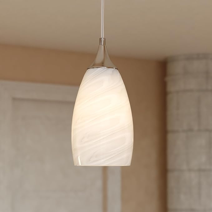 VAXCEL Milano 1-Light 4.75 in. Wide Satin Nickel Bell Mini Pendant with White Alabaster Glass Shade, Adjustable Height Hanging Ceiling Fixture for Dining Room, Kitchen Table, Entryway, Bar, Island