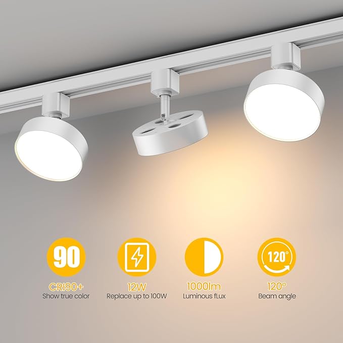 Diffuse LED Track Lighting Heads H Type Track Light Heads Dimmable Kitchen Track Lighting Fixtures Ceiling, Compatible with H Track Rails - Flicker Free CRI90+ 3000K 12W 1000lm, 3 Pack White