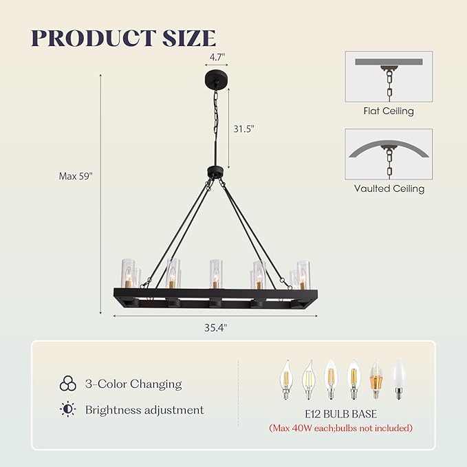 35.4" Farmhouse Rectangle Chandelier for Dining Room, 10-Light Black Hanging Fixture with 59" Adjustable Wires, Rustic Kitchen Island Ceiling Light