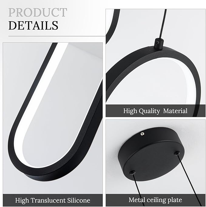 Black Modern Mini LED Pendant Light with Remote Control, 2 Ring 24W 3-Color Temp Stepless Dimmable Ceiling Hanging Light for Bedroom Kitchen Island Dining Room Foyer Entryway