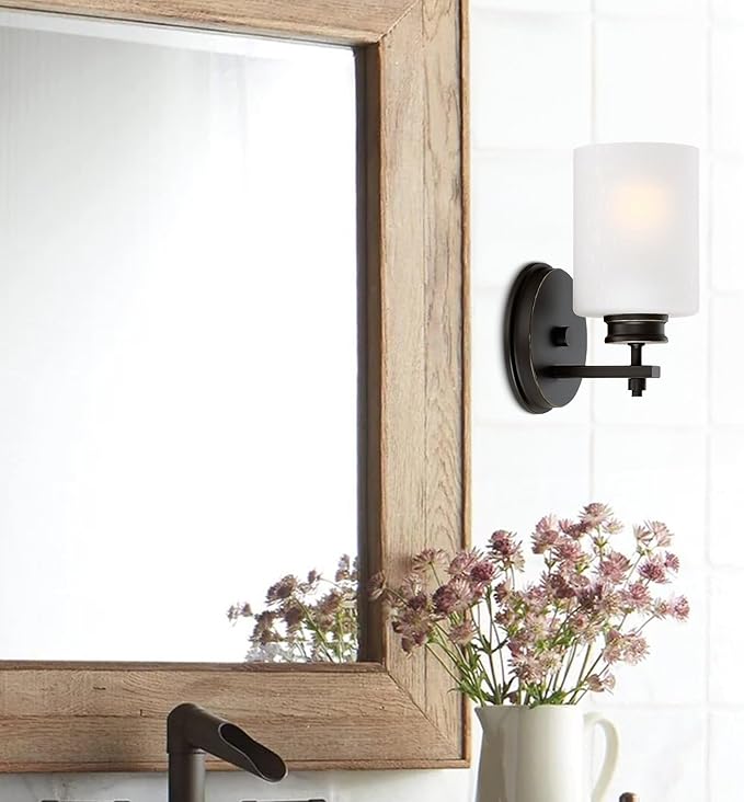Kira Home Phoebe 8" Modern Wall Sconce with Frosted Seeded Glass Cylinder Shade, Industrial Wall Light with Cylinder Glass Shade, Oil-Rubbed Bronze Finish