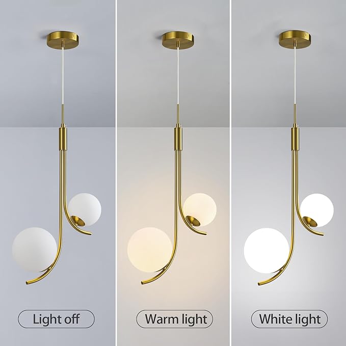 Modern Pendant Light Fixture Gold Globe Pendant Lights Kitchen Island White Frosted Milk Glass Sputnik Chandelier Vintage for Kitchen, Office, Entryway (2-Light)