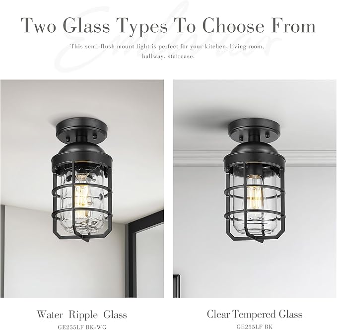 Emliviar Black Semi Flush Lights for Entryway, 2-Pack Rustic Light Fixtures Ceiling Mount with Water Ripple Glass Shade, GE255LF-2PK BK-WG