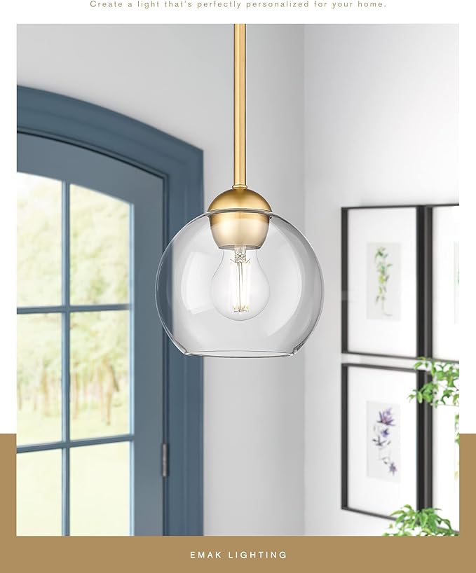 Emak Modern Gold Pendant Light Fixtures, 7 Inch Globe Pendant Lights with Clear Glass, 1 Light Hanging Lights for for Kitchen Island, Bathroom, Dining Room, Bedroom, Hallway, 2 Pack, PL119-GD-2PK