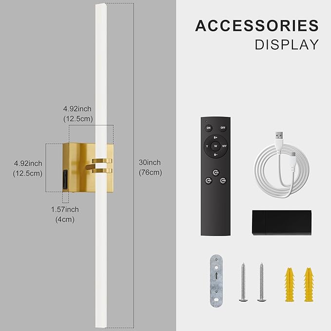 Battery Operated Wall Sconce 1Pack, Gold Rechargeable Wall Lights with Dimmable Remote Control, 30 Inch 3000K-6000K LED Wireless Wall Lamps for Bedroom, Hallway, Background Wall